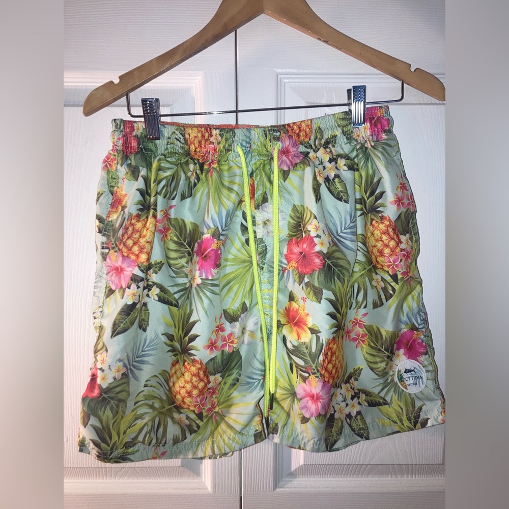 Green and Yellow Tropical Board Shorts for Beach Days